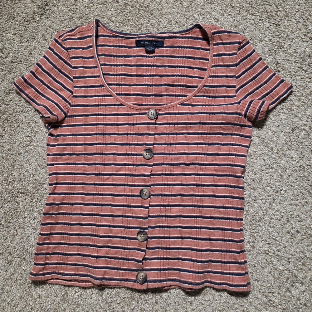 American Eagle Womens Striped Ribbed Shirt Button Front Scoop‎ Neck Size Small S